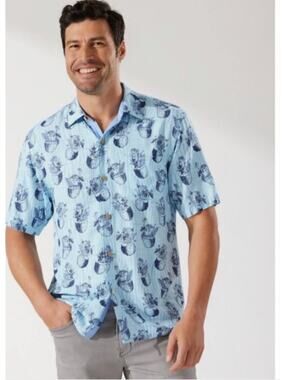 Tommy Bahama Veracruz Cay Brewhama Colada Light Blue Hawaiian Camp Shirt Small